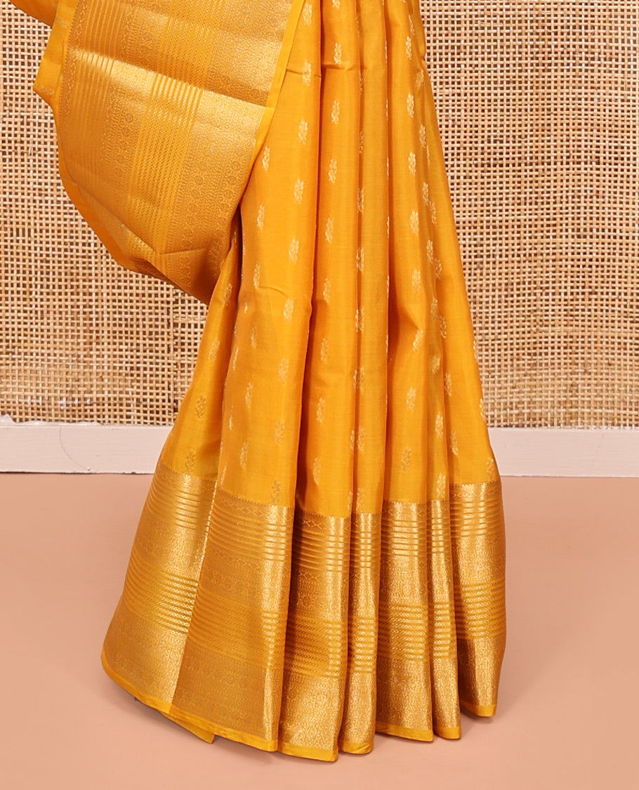 Yellow Vasundhara Lite Silk Mix Saree, Subtly Sparkled with Zari Buttas All Over Its Body, Highlighted by Traditional Zari Designs, Grand Pallu and Paired with a Matching Blouse