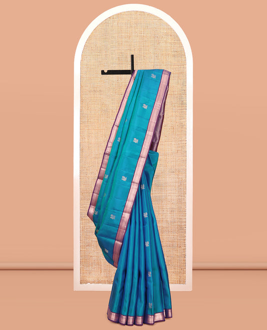 Peacock Blue Vasundhara Lite Silk Mix Saree, Elevated with Mayil Buttas, a Contrast Traditional Zari Border, Grand Jaal Pallu, and a Contrast Blouse