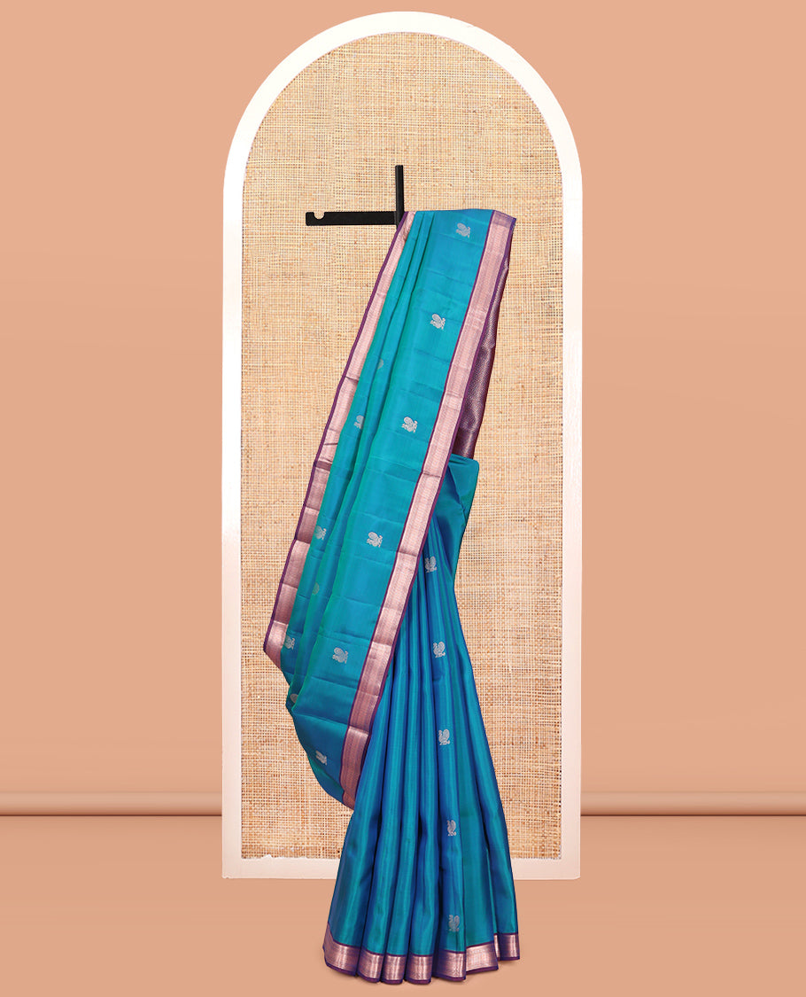 Peacock Blue Vasundhara Lite Silk Mix Saree, Elevated with Mayil Buttas, a Contrast Traditional Zari Border, Grand Jaal Pallu, and a Contrast Blouse