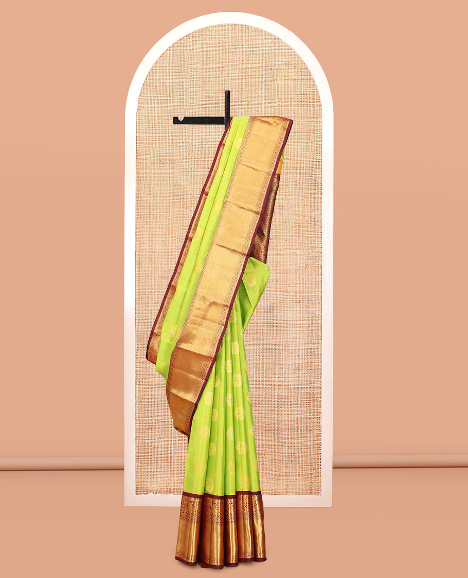 Green Vasundhara Silk Saree, Woven with Zari Buttas, a Contrast Border of Neli, Mayil, Kodi Visiry, and Vanki Designs, Grand Pallu, and a Contrast Blouse