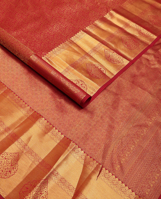 Red jacquard wedding silk saree, zari-rich jaal pallu & gleaming zari border of traditional designs