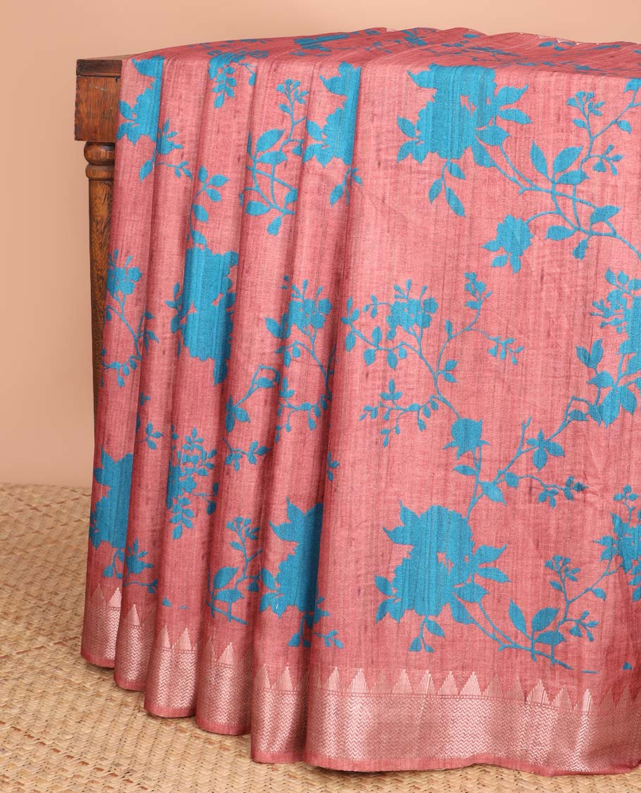 Red  floral design semi-banaras tussar saree with self temple zari border & floral design pallu