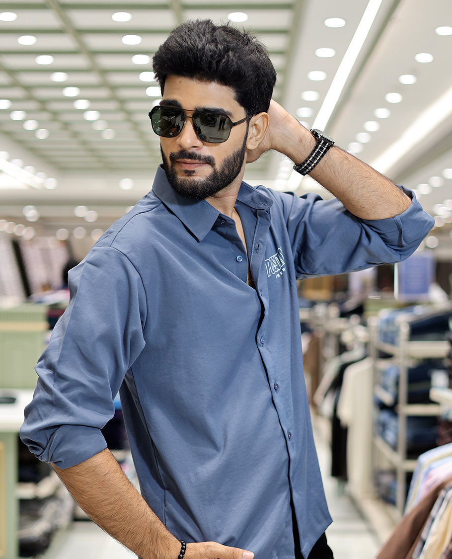 Blue Poly-Blended Back Flap Casual Shirt