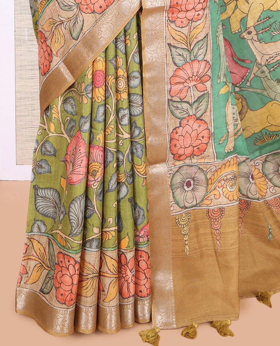 Green Kalamkari Printed Fancy Tussar Saree