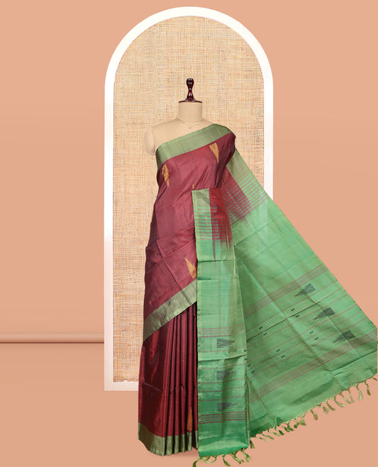 Maroon Banana Pith Saree, Woven with Temple Buttas, a Contrast Border, Pallu of Stripes and Temple Design, and a Contrast Blouse