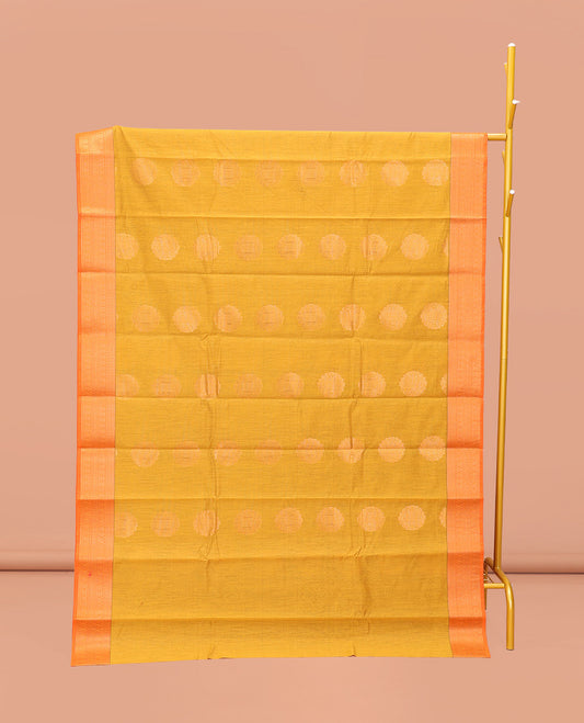 Yellow Semi-Silk Cotton Saree, Subtly Enriched with Zari Buttas All Over Its Body, Highlighted by a Zari Traditional Design Border, Complemented by a Contrast Pallu of Jaal Design, and Paired with a Contrast Blouse