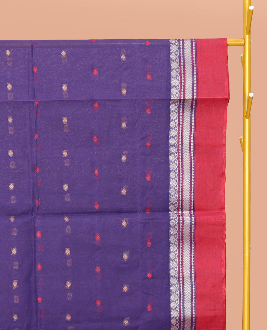 Violet Bengal Cotton Saree, Decked Up with Thread Buttas, a Contrast Traditional Design Border, Pallu of Stripes, and Buttas, and a Matching Blouse