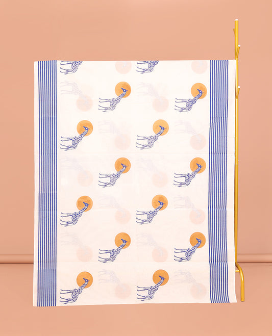 Cream Kerala Cotton Saree, Embellished with Sun and Giraffe Motifs, a Subtle Striped Border, and a Matching Blouse