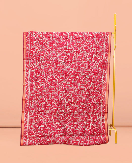 Red Kanchi Cotton Saree, Decorated with Floral Vine Printed All Over Its Body, a Subtle Border, Pallu of Geometric and Peacock Feather Print, and Paired with a Contrast Blouse