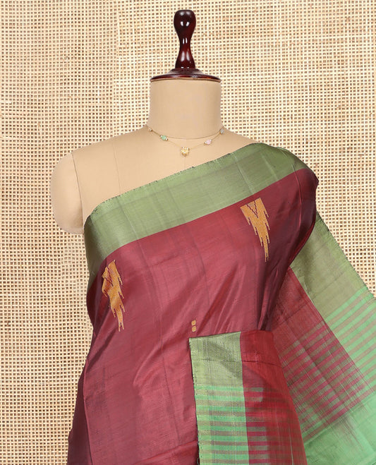 Maroon Banana Pith Saree, Woven with Temple Buttas, a Contrast Border, Pallu of Stripes and Temple Design, and a Contrast Blouse