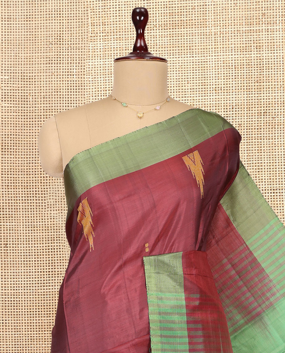 Maroon Banana Pith Saree, Woven with Temple Buttas, a Contrast Border, Pallu of Stripes and Temple Design, and a Contrast Blouse