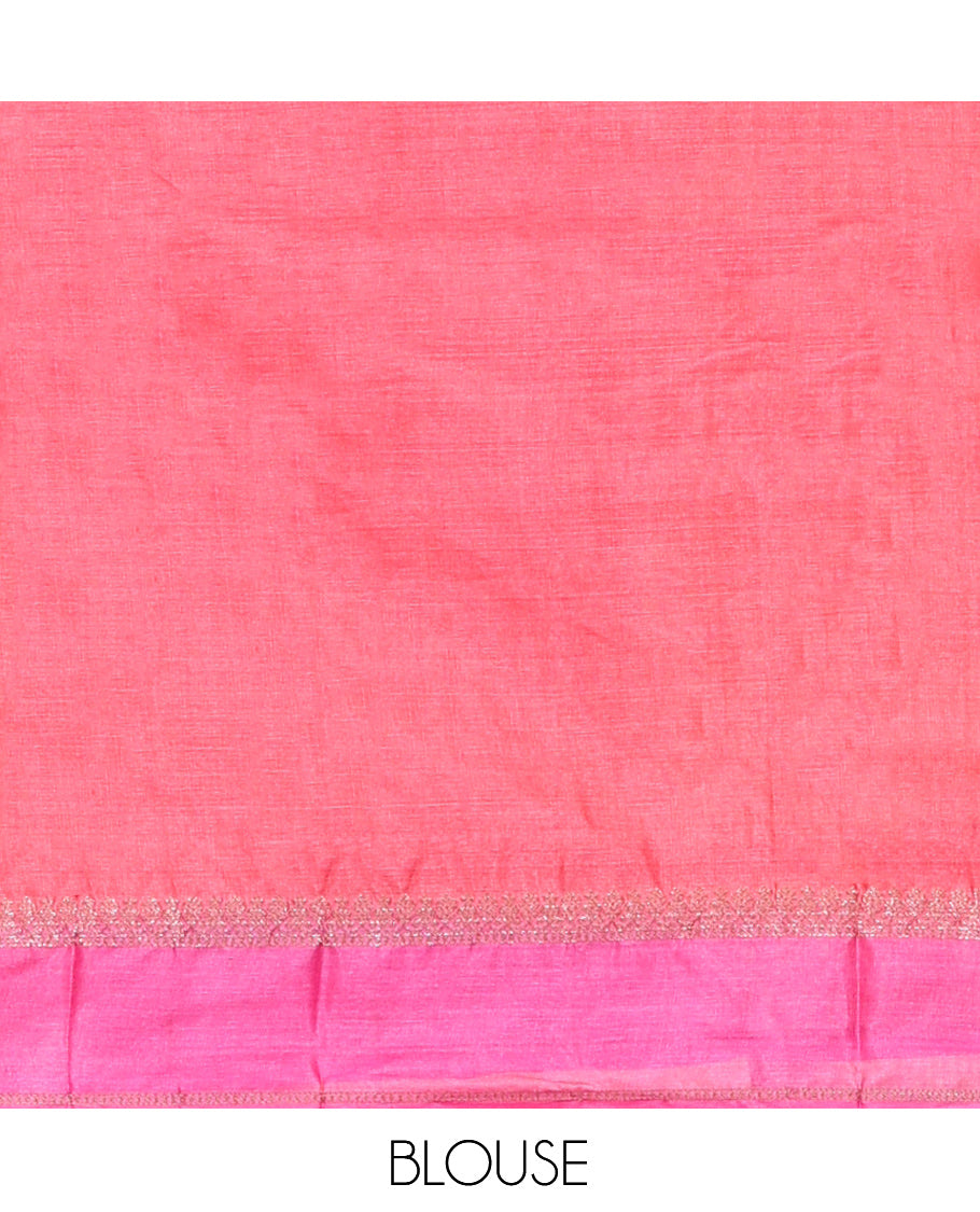 Pink -Orange Tussar Silk Saree, Enriched with Zari Buttas, Highlighted by a Zari Border, Floral Design Pallu, and a Matching Blouse