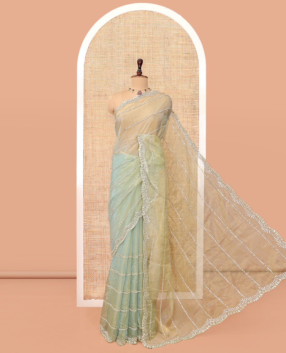 Pista Green Stone-Kardana Work Organza Designer Saree with a Scallop Embroidery Border, Matching Blouse