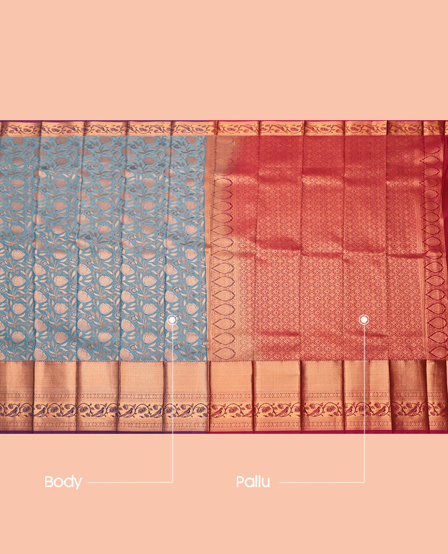 Blue Budget Silk Saree, Embellished with Jacquard Design, Contrast Traditional Zari Border, Grand Jaal Pallu, and a Contrast Blouse