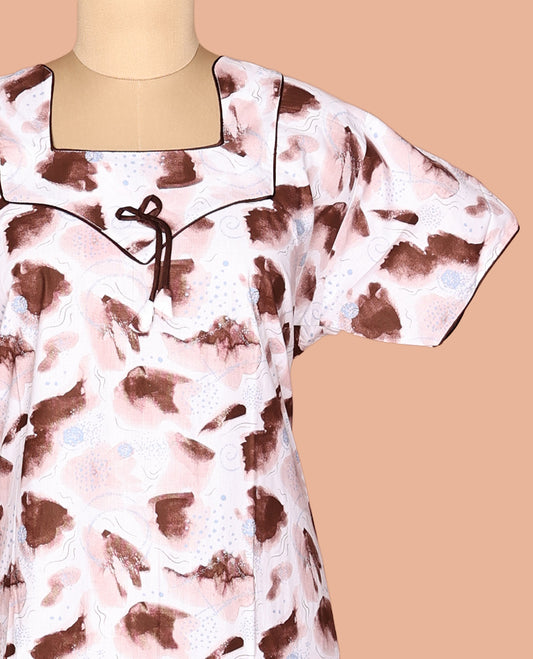 White-Brown Cotton-Blended Nighty