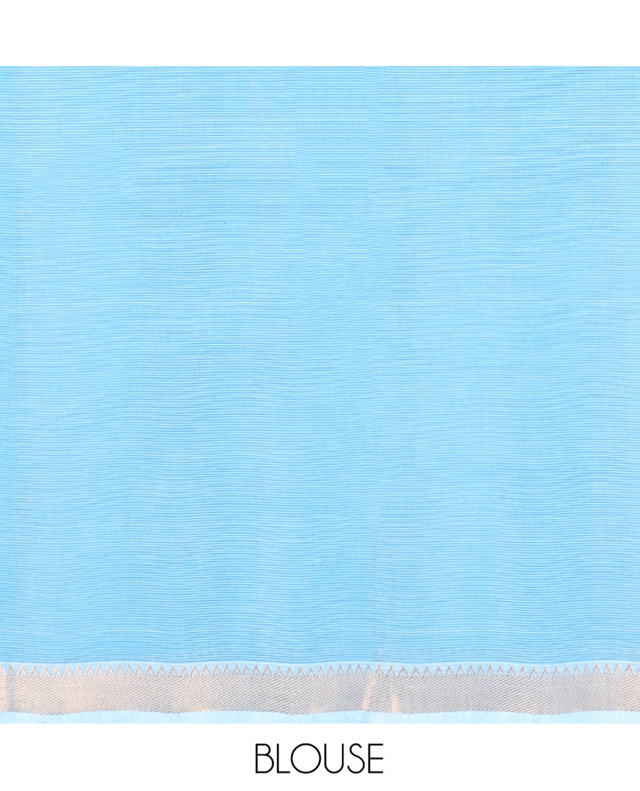 White-Blue Mangalgiri Cotton Saree, Gleamed Up with Stripes on Its Body, Highlighted by Zari Temple Border, Zari-Striped Pallu, and Paired with a Matching Blouse