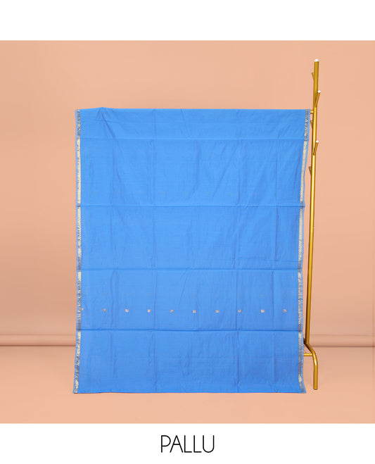 Blue Maheshwari Cotton Saree, Adorned with Buttas All Over Its Body, Subtle Zari Piping Border, Complemented by a Contrast Pallu Steeped with Buttas, and Paired with a Contrast Blouse