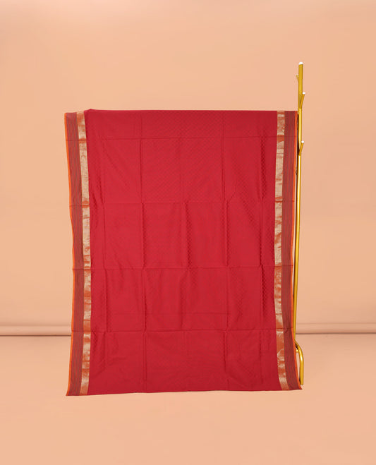 Red Checked Poly Cotton Saree, Complemented by a Contrast Zari Border, Contrast Striped Pallu, and Paired with a Contrast Blouse