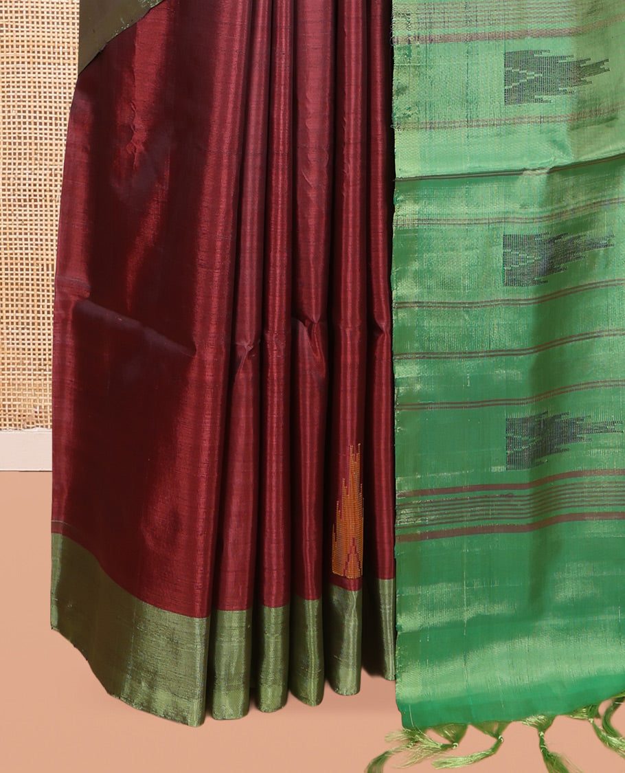 Maroon Banana Pith Saree, Woven with Temple Buttas, a Contrast Border, Pallu of Stripes and Temple Design, and a Contrast Blouse