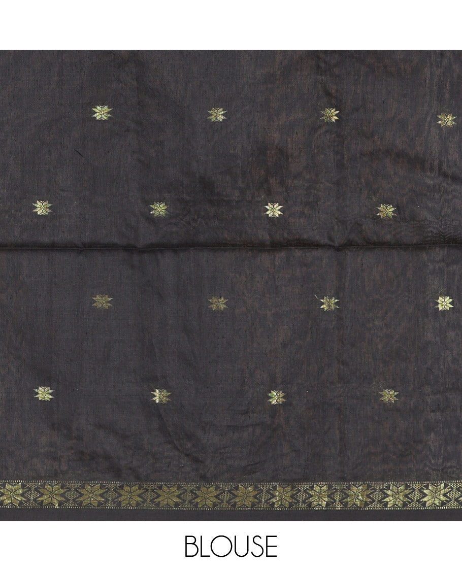 Red Kota Cotton Saree Beautified with Star-Style Zari Motifs All Over Its Body, Complemented by a Self-Border of Star Motifs, a Captivating Contrast Pallu of the Same Star Motifs, and a Contrast Blouse