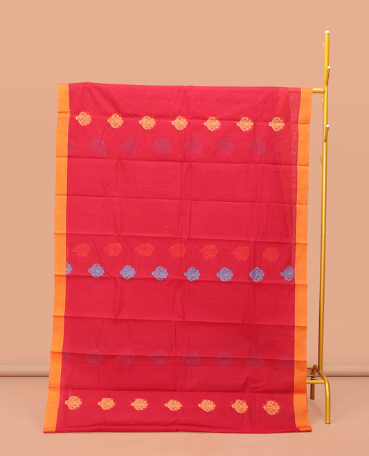 Red Kanchi Cotton Saree Features Buttas on Its Body, Complemented by a Contrast Border, Floral-Geometric Design Pallu, and a Matching Blouse