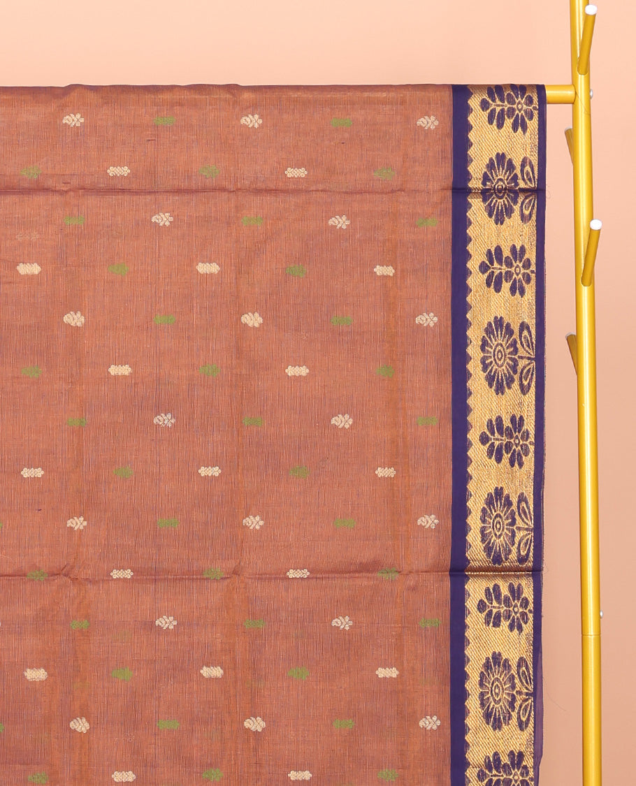 Light Brown Venkatagiri Cotton Saree, Graced with Buttas, a Contrast Floral Design Zari Border, Pallu of Buttas and Stripes, and No Blouse