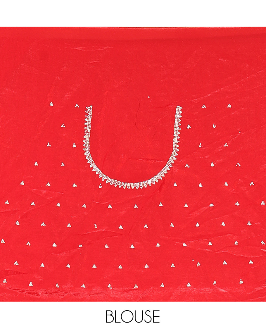 Red-Black Fendi Chiffon Saree, Decorated with Swarovski Stone Work, a Scallop Swarovski Stonework Border, a Matching Stonework Blouse