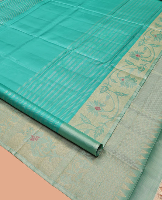 Turquoise Mayuri Soft Silk Saree, Woven with Stripes, Complemented by Contrast Floral Creeper Border, Floral Design Pallu, and a Contrast Blouse