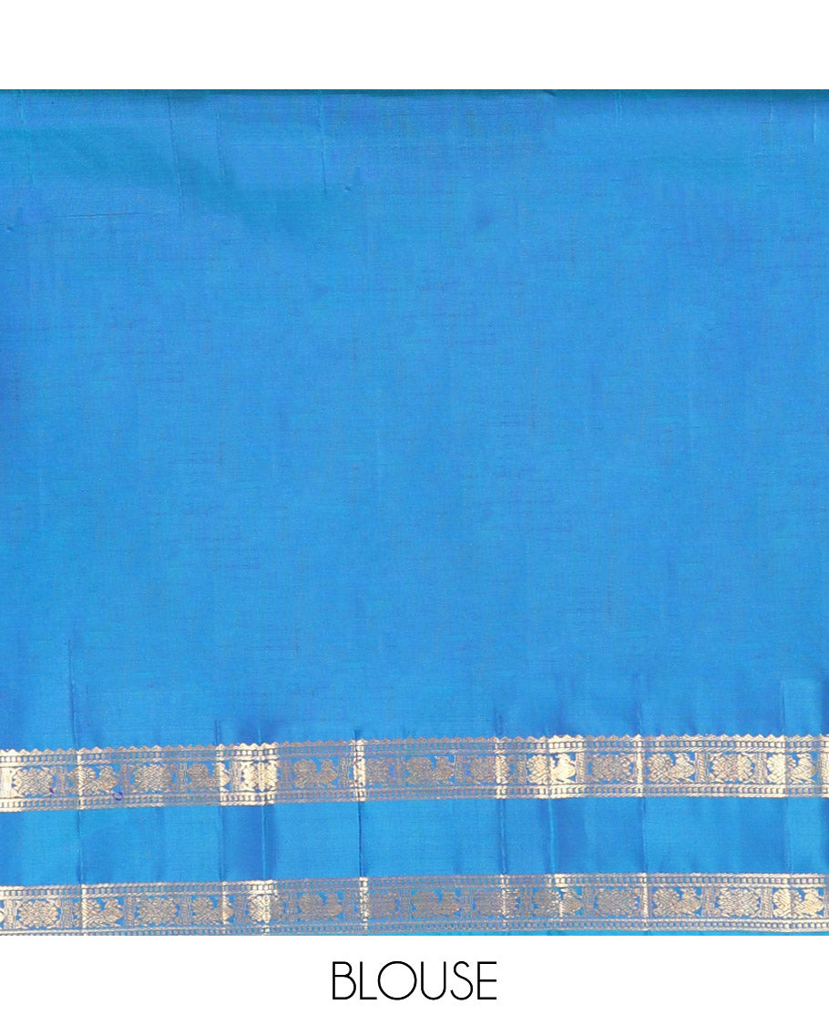 Blue Kanchipuram Silk Saree, Majestically Detailed with Zari Buttas, Highlighted by Zari Traditional Rettai Pettu Border, Grand Pallu, and Matching Blouse