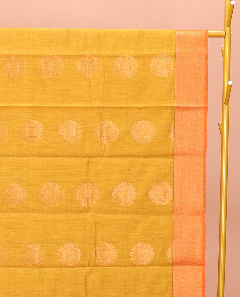 Yellow Semi-Silk Cotton Saree, Subtly Enriched with Zari Buttas All Over Its Body, Highlighted by a Zari Traditional Design Border, Complemented by a Contrast Pallu of Jaal Design, and Paired with a Contrast Blouse