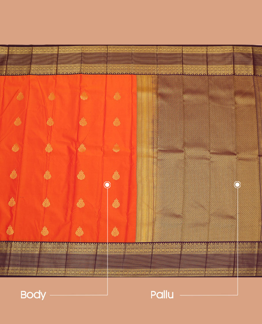 Orange Budget Silk Saree, Embellished with Zari Buttas  All Over Its Body, Complemented by a Contrast Traditional Zari Design Border, Pallu Detailed with Jaal Designs, and Paired with a Contrast Blouse