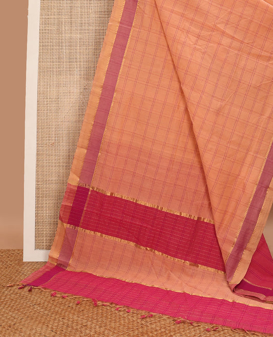 Peach checked mangalagiri cotton saree with contrast temple border & checked pallu