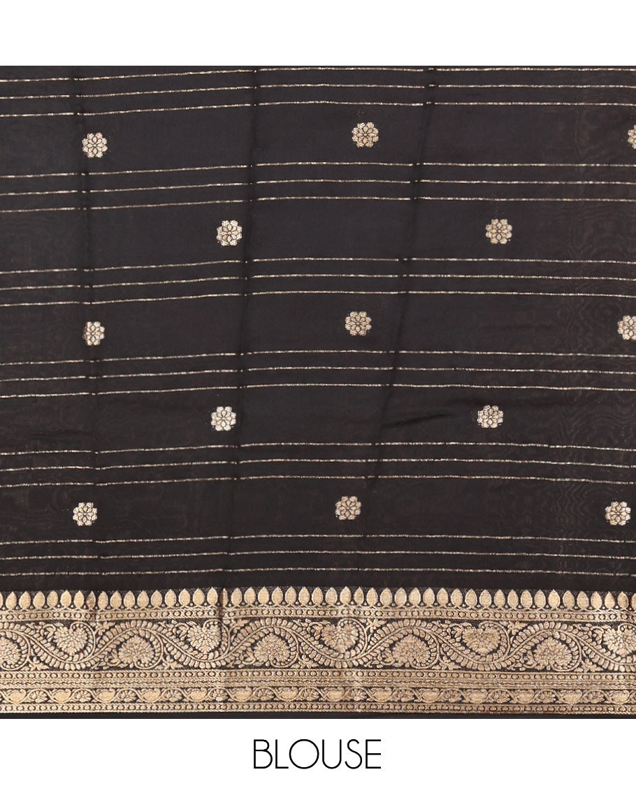Black Assam Silk Saree, Uniquely Detailed with Zari Buttas and Stripes, Highlighted by a Zari Traditional Woven Border, Zari-Striped Pallu, and a Matching Blouse