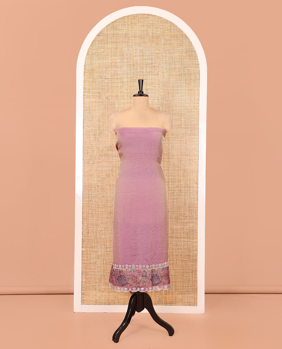 Lavender Moss Organza Material Chudidar Set, Gleamed Up with Stonework Top, a Plain Santoon Bottom, and Paired with Floral Print and Scallop Stonework Dupatta