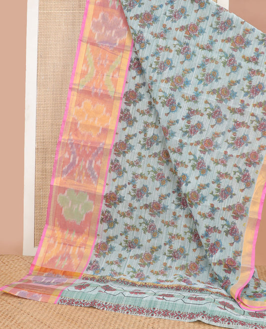 Blue floral design chirala cotton saree with contrast floral design border & floral design pallu