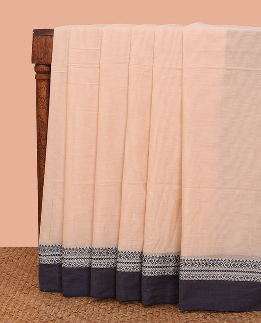 Sandal Plain Khadi Cotton Saree, Complemented by Captivating Contrast Border of Traditional Thread Designs, Subtly Striped Pallu, and Comes Without a Blouse