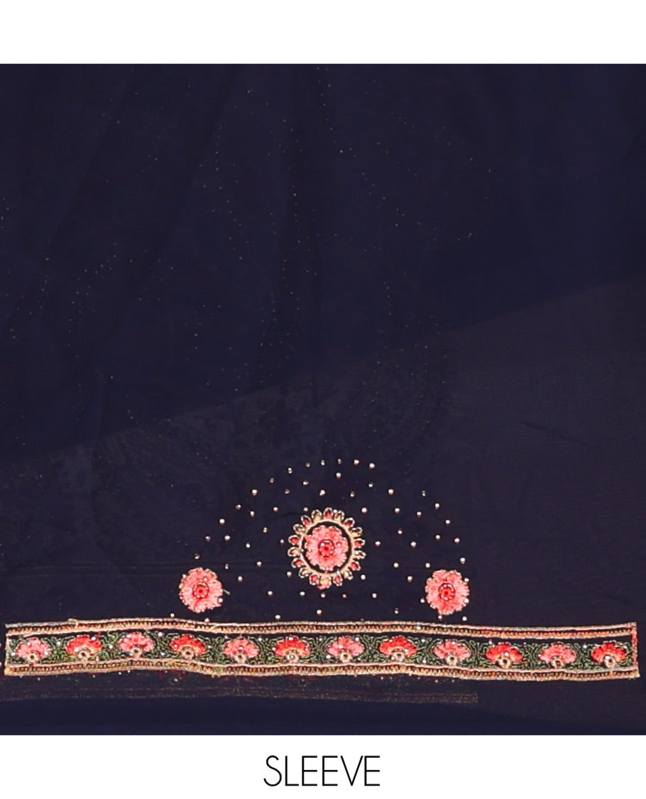 Navy Blue Georgette Saree, Ornamented with Intricate Paisleys, Kashmir Embroidered and Stone Work on Its Body, a Self-Embroidered Border, and Paired with an Embroidered Blouse