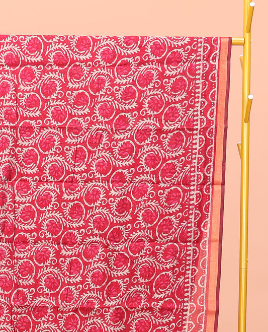Red Kanchi Cotton Saree, Decorated with Floral Vine Printed All Over Its Body, a Subtle Border, Pallu of Geometric and Peacock Feather Print, and Paired with a Contrast Blouse