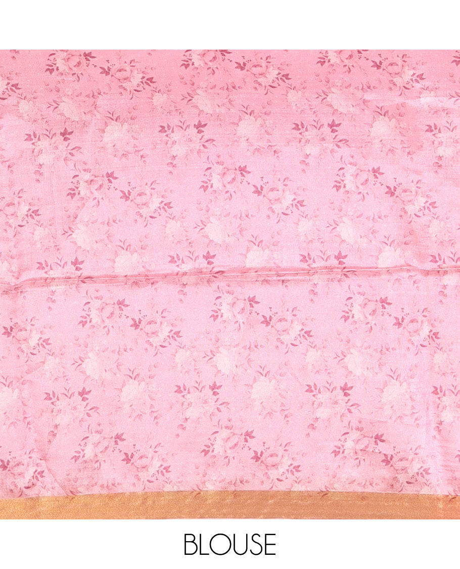 Mint green colorful rose floral motifs digital printed banana pith saree, piping border, striped pallu, and floral printed blouse