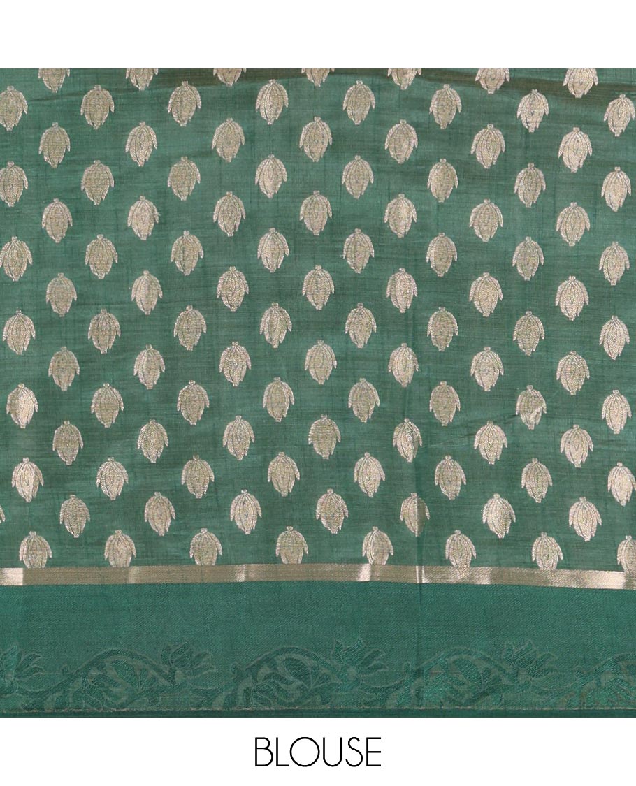 Yellow Semi-Tussar Saree Ornamented with Copper Zari Floral Bud Motifs, Featuring a Floral Creeper Embossed Border, Complemented by a Contrast Pallu Adorned with Floral Bud Motifs, and Paired with a Contrast Blouse