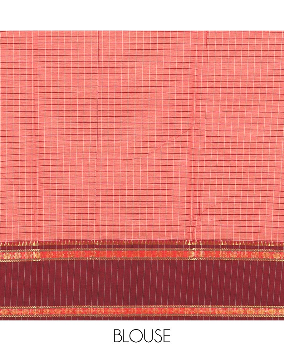 Rust Checked Mercerised Cotton Saree, Contrast Rettai Pettu Rudraksham-Temple Border, a Self-Pallu and a Matching Blouse
