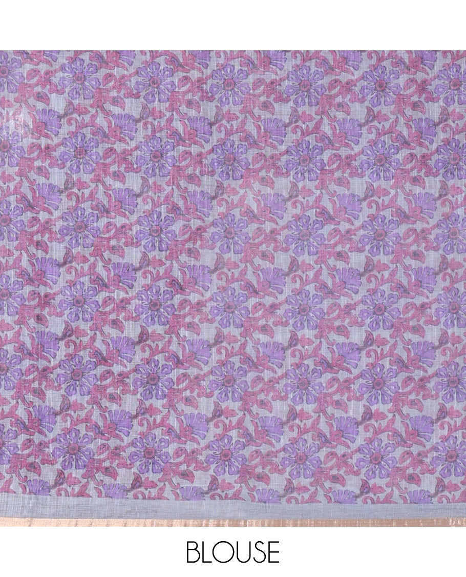 Violet Linen Cotton Saree, Adorned with Shibori Prints on Its Body, Subtle Contrast Piping Border, Pallu of Floral Print, and Paired with a Matching Blouse