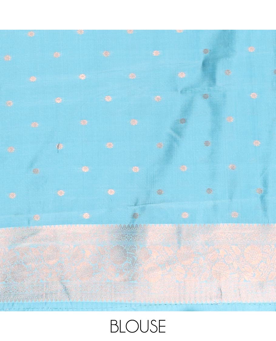 Blue Litchi Saree, Elegantly Framed with Polka Dot Buttas Enclosed Checks on Its Body, Complemented by a Contrast Traditional Zari Border of Floral Creeper Designs, Majestically Zari Detailed Pallu, and Paired with a Contrast Blouse