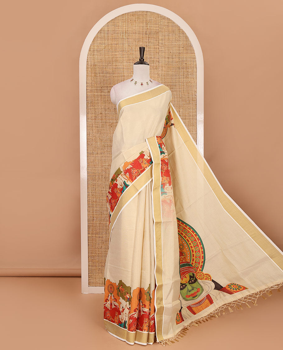 Cream kathakali motifs printed kerala saree, gold zari bavanji border, big kathakali motifs printed pallu & contrast Ajrakh printed blouse