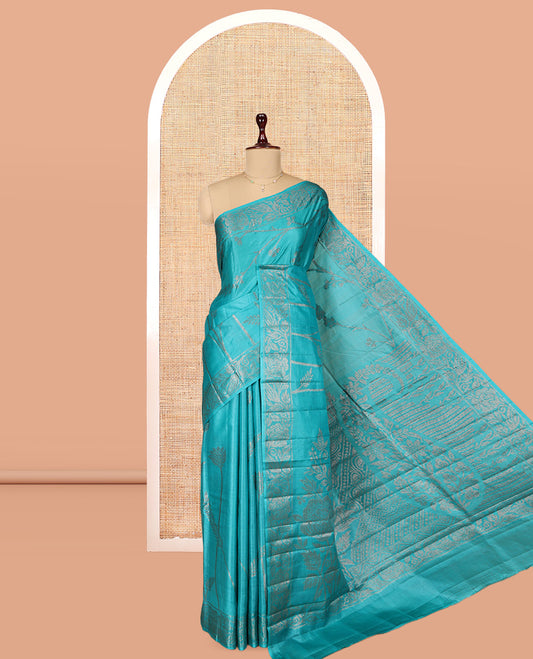 Blue Tusser Silk Saree, Decorated with Floral Jaal Jacquard Design, a Zari Border, Intricate Pallu, and a Matching Blouse