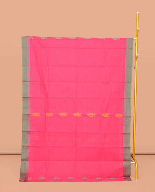 Pink Kanchi Cotton Saree, Woven with Buttas All Over Its Body, Complemented by Contrast Border, Pallu of Paisleys and Geometric Designs, and Paired with a Matching Blouse