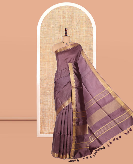 Brown Plain Banana Pith Saree, a Zari Temple Border, Striped Pallu, and Matching Blouse