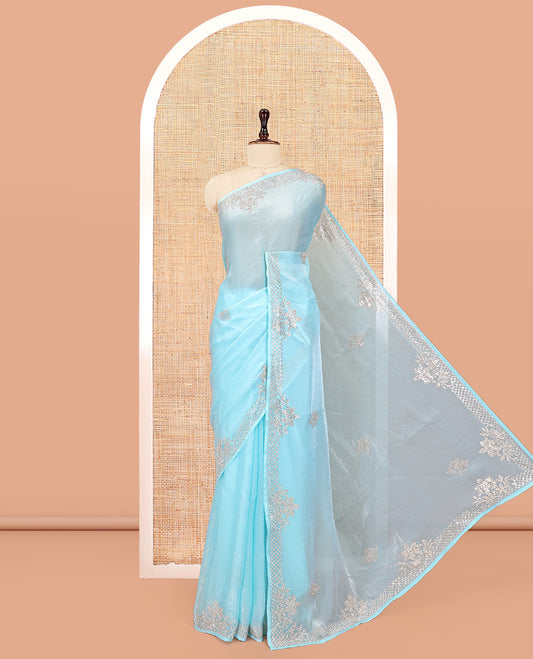 Blue Designer Saree, Spotlighted with Stone Buttas All Over Its Body, Highlighted by Intricately Stone Work Border, and Paired with a Matching Blouse