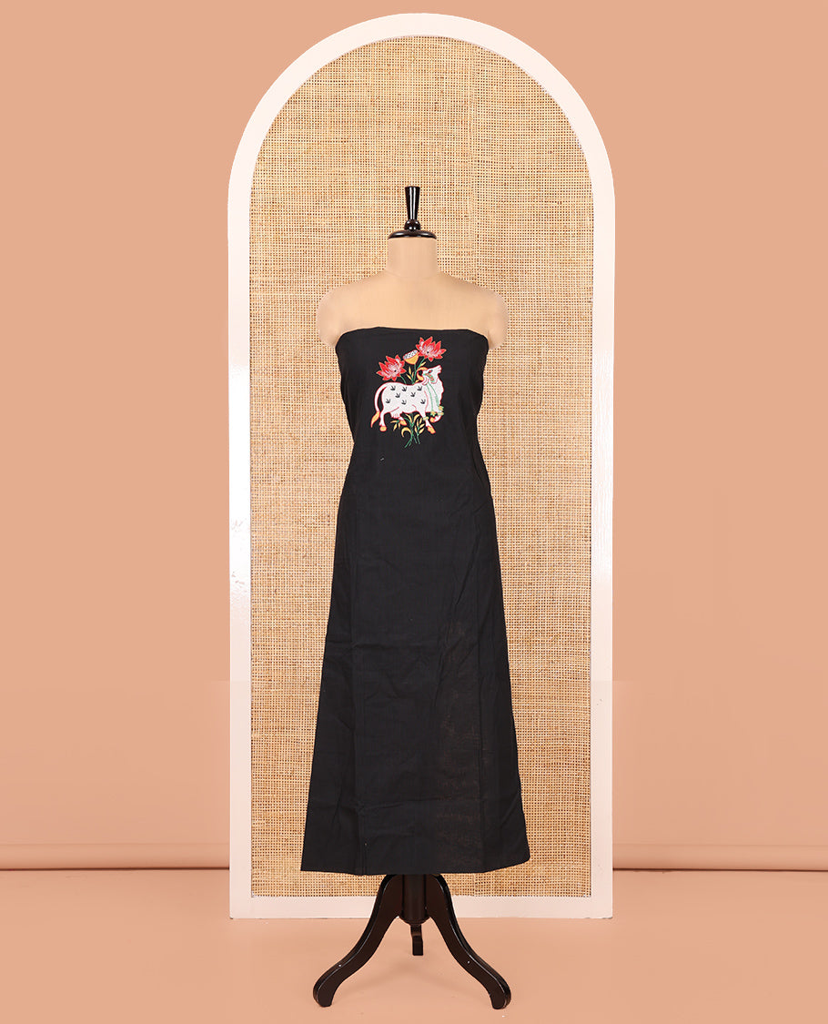 Black Material Chudidar Set, Artfully Woven with Pichwai Cow Motifs Embroidered Cotton Top, Complemented by a Contrast Plain Cotton Bottom, Paired with Pichwai Printed Dupatta
