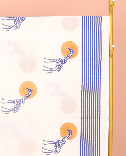 Cream Kerala Cotton Saree, Embellished with Sun and Giraffe Motifs, a Subtle Striped Border, and a Matching Blouse